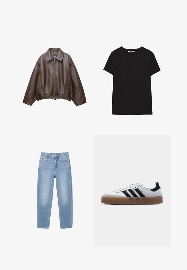 Brun kort jakke i imiteret læder med bred krave, lynlås foran, sidelommer og bælte i taljen. Glat tekstur, afslappet pasform.; Sort kortærmet t-shirt i bomuld med rund halsudskæring, standard pasform og synlig indvendig halsmærkat.; Lyseblå denim jeans med lige pasform, fem lommer og en frontlynlås. Stoffet har en let falmning og en glat tekstur.; Hvide lædersneakers med sorte striber, gummirubber sål, rund tå, snørelukning og blød grå ruskinds tåhætte.