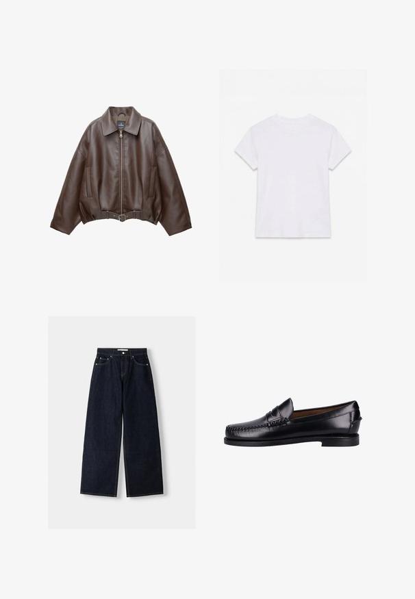 Veste courte en similicuir marron avec un large col, une fermeture éclair frontale, des poches latérales et une taille ceinturée. Texture lisse, coupe décontractée.; T-shirt en coton blanc uni à manches courtes et col rond, étalé à plat sur un fond blanc.; Jean large en denim bleu foncé à taille haute, avec cinq poches, des coutures contrastées et des éléments en métal argenté. Texture lisse et finition soignée.; Mocassins en cuir noir avec une finition lisse, un bout rond, des coutures décoratives et un talon bas. Le design est minimaliste, sans éléments de quincaillerie visibles.