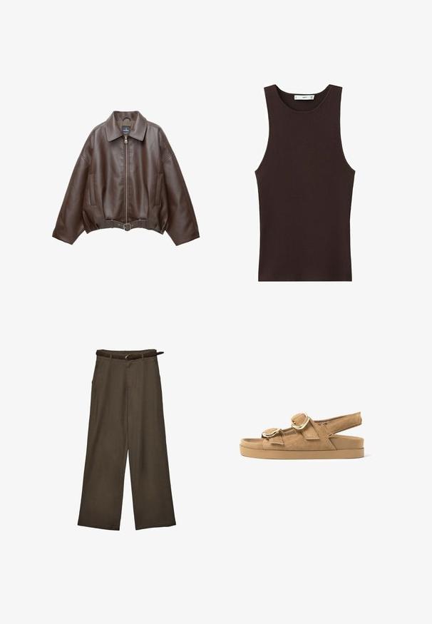 Veste courte en similicuir marron avec un large col, une fermeture éclair frontale, des poches latérales et une taille ceinturée. Texture lisse, coupe décontractée.; Débardeur côtelé sans manches de couleur brun foncé avec encolure ronde, coupe ajustée, et petite étiquette de marque à l'intérieur du col.; Pantalon marron à jambes larges avec une ceinture marron assortie, présenté à plat sur fond blanc.; Sandale plate en daim beige avec deux larges brides dotées de boucles dorées et une bride arrière réglable sur une semelle épaisse en caoutchouc.