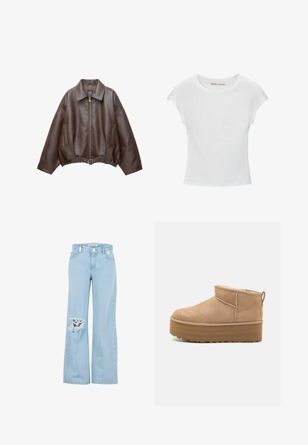 Veste courte en similicuir marron avec un large col, une fermeture éclair frontale, des poches latérales et une taille ceinturée. Texture lisse, coupe décontractée.; T-shirt en coton blanc avec manches courtes retroussées, encolure ronde et ourlet droit. Texture lisse sans motifs ni accents visibles.; Jeans en denim bleu clair à jambes larges avec une zone de genou déchirée et des bords effilochés. Caractérisés par un design classique à cinq poches et une fermeture à bouton à l'avant.; Bottines en suede beige avec un intérieur moelleux, dotées d'une semelle compensée et d'une languette à l'arrière pour un enfilage facile. Semelle extérieure en caoutchouc texturé.