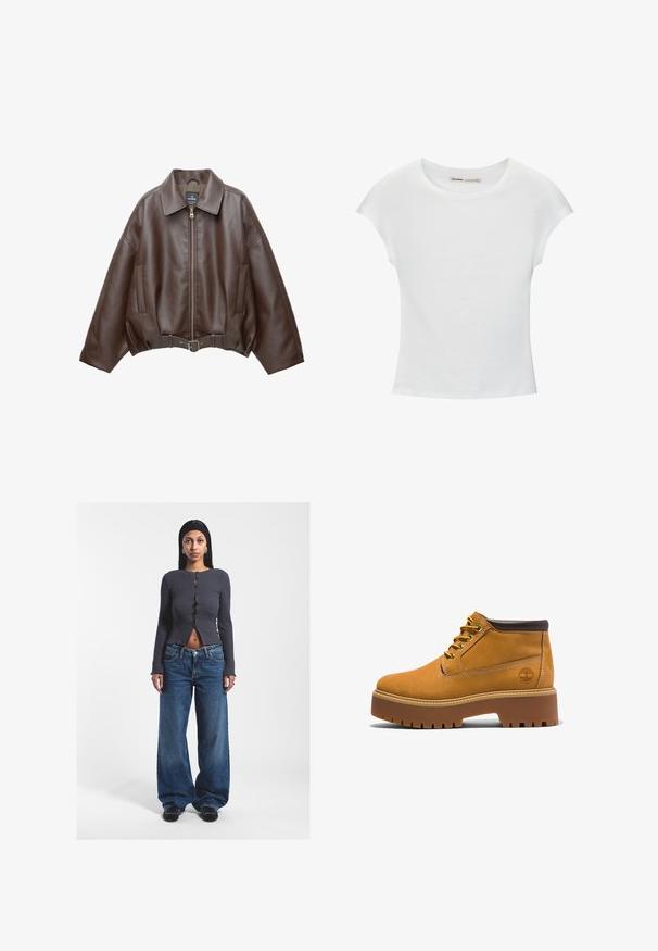Braune, kurz geschnittene Jacke aus Kunstleder mit weitem Kragen, vorderem Reißverschluss, Seitentaschen und einem Taillengürtel. Glatte Textur, entspannte Passform.; Weißes Baumwoll-T-Shirt mit kurzen, aufgerollten Ärmeln, rundem Ausschnitt und geradem Saum. Glatte Textur ohne sichtbare Muster oder Akzente.; Graues geripptes, knöpfbares Crop-Top mit langen Ärmeln und einem Schlitz vorne, kombiniert mit lockeren blauen, hochgeschnittenen Denim-Jeans. Schwarze Schuhe.; Tanfarbene Leder-Stiefeletten mit abgerundetem Zehenbereich, braunen Akzenten, dicker Plateau-Sohle und kontrastierenden gelben Schnürsenkeln. Mit einem Logo an der Seite.