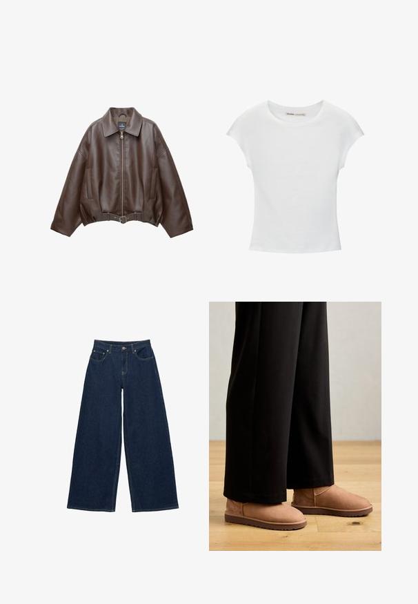 Brun kort jakke i imiteret læder med bred krave, lynlås foran, sidelommer og bælte i taljen. Glat tekstur, afslappet pasform.; Hvid bomuld t-shirt med korte, opsmøgede ærmer, rund halsudskæring og lige kant. Glat tekstur uden synlige mønstre eller detaljer.; Mørkeblå vidde-jeans i denim med forlommer, bæltestropper og knaplukning i taljen, vist fladt mod en hvid baggrund.; Brune ruskinds ankelstøvler med flad gummisål, rund tå og minimal syning, båret med sorte brede bukser på et trægulv.