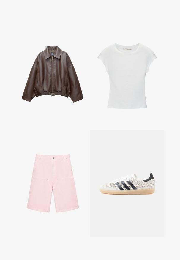 Veste courte en similicuir marron avec un large col, une fermeture éclair frontale, des poches latérales et une taille ceinturée. Texture lisse, coupe décontractée.; T-shirt en coton blanc avec manches courtes retroussées, encolure ronde et ourlet droit. Texture lisse sans motifs ni accents visibles.; Shorts en denim rose clair longueur genou avec poches avant, passants pour ceinture et fermeture à boutons.; Baskets en maille blanche avec un design à trois bandes noires, bout arrondi et semelle en caoutchouc gomme. Dotées d'un col de talon souple et d'une fermeture à lacets.