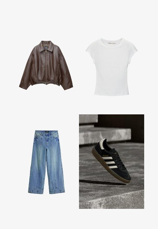 Brun kort jakke i imiteret læder med bred krave, lynlås foran, sidelommer og bælte i taljen. Glat tekstur, afslappet pasform.; Hvid bomuld t-shirt med korte, opsmøgede ærmer, rund halsudskæring og lige kant. Glat tekstur uden synlige mønstre eller detaljer.; Lysblå, brede jeans i denim med høj talje, markante syninger og lappe-lignende detaljer på baglommerne.; Sort Adidas-sneaker med hvide striber og gummisåler, svævende over grå betontrapper i naturligt lys.