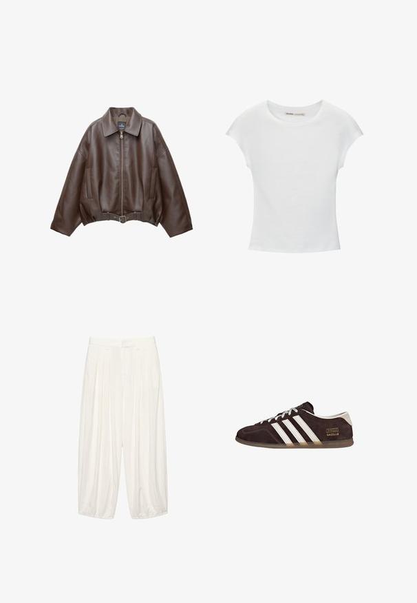 Veste courte en similicuir marron avec un large col, une fermeture éclair frontale, des poches latérales et une taille ceinturée. Texture lisse, coupe décontractée.; T-shirt en coton blanc avec manches courtes retroussées, encolure ronde et ourlet droit. Texture lisse sans motifs ni accents visibles.; Pantalon blanc à jambes larges et taille haute avec plis, passants pour ceinture et poignets élastiqués, présenté sur un fond blanc.; Baskets en suède marron avec trois bandes blanches, semelle en caoutchouc, et étiquette avec le texte "Gazelle" en or. Fermeture à lacets avec lacets gris.