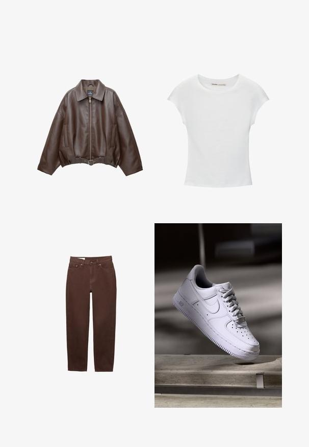 Bruine jack van imitatieleer, kort model, met een brede kraag, ritssluiting aan de voorkant, zijzakken en een tailleband met ceintuur. Gladde textuur, ontspannen pasvorm.; Witte katoenen T-shirt met korte, opgerolde mouwen, een ronde halslijn en een rechte zoom. Gladde textuur zonder zichtbare patronen of accenten.; Bruine jeans met rechte pijpen, voorzien van een voorste knoop- en ritsluiting, en een ontwerp met vijf zakken op een witte achtergrond.; Witte Nike Air Force 1 sneaker die zweeft boven een betonnen oppervlak met schaduwen in een minimalistische setting.