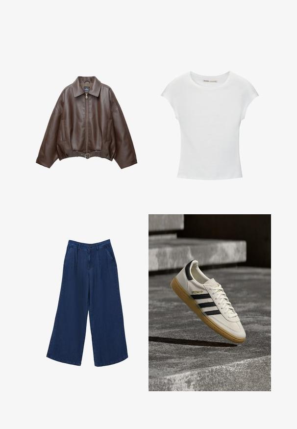 Bruine jack van imitatieleer, kort model, met een brede kraag, ritssluiting aan de voorkant, zijzakken en een tailleband met ceintuur. Gladde textuur, ontspannen pasvorm.; Witte katoenen T-shirt met korte, opgerolde mouwen, een ronde halslijn en een rechte zoom. Gladde textuur zonder zichtbare patronen of accenten.; Brede denim broeken in donkerblauw. Kenmerken zijn twee voorzakken, een knoopsluiting en een gladde textuur met een lichtgewicht stof.; Witte Adidas Spezial sneaker met zwarte strepen en gumzool, zwevend boven grijze stenen trappen buiten.
