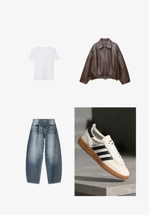 Veste courte en similicuir marron avec un large col, une fermeture éclair frontale, des poches latérales et une taille ceinturée. Texture lisse, coupe décontractée.; T-shirt blanc à manches courtes en tissu doux. Dispose d'un col rond et d'un design simple et épuré avec un ourlet droit.; Jean large en denim bleu clair avec décoloration, présentant un design à cinq poches, un bouton de fermeture et des détails de couture minimaux.; Baskets en daim blanc avec des bandes navy, semelle en caoutchouc gomme, tige texturée, bout rond et lacets ; arbore un logo sur le côté et sur la languette.