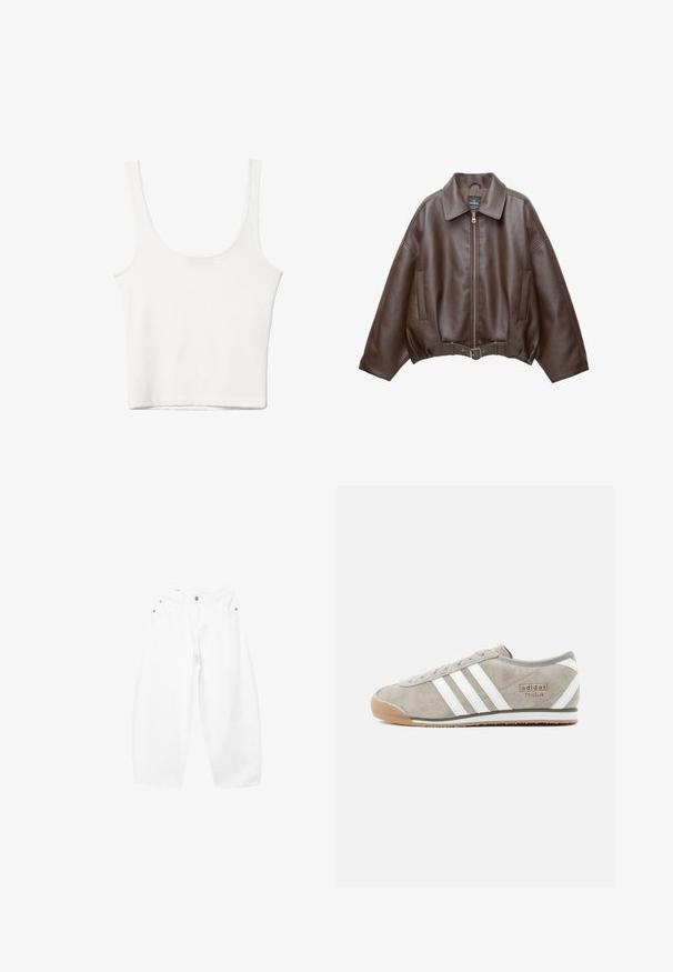 Veste courte en similicuir marron avec un large col, une fermeture éclair frontale, des poches latérales et une taille ceinturée. Texture lisse, coupe décontractée.; Débardeur en coton blanc avec un décolleté arrondi, sans manches et ajusté. Texture lisse, design uni et détails de couture minimaux.; Jean blanc en coton à jambes larges, fermeture devant par bouton et zip, passants pour ceinture, style cinq poches.; Baskets en daim gris avec trois bandes blanches, bout rond, semelle en caoutchouc gomme et petit détail de marque sur le côté.
