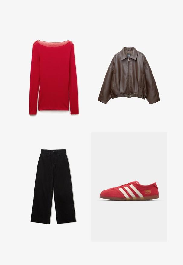Veste courte en similicuir marron avec un large col, une fermeture éclair frontale, des poches latérales et une taille ceinturée. Texture lisse, coupe décontractée.; Haut rouge à manches longues ajusté avec un décolleté arrondi transparent, présenté à plat sur un fond blanc.; Jeans noirs à jambes larges en denim avec une taille haute, présentant un design à cinq poches et une fermeture à un bouton à l'avant.; Baskets en daim rouge avec un design à trois rayures blanches, semelle plate et détail logo doré. Design bas avec bout arrondi et fermeture à lacets.