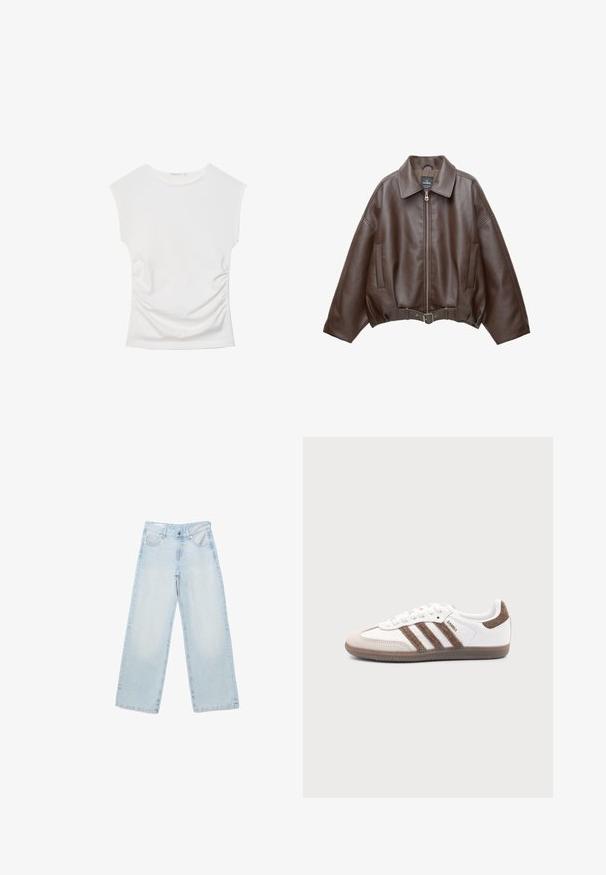 Veste courte en similicuir marron avec un large col, une fermeture éclair frontale, des poches latérales et une taille ceinturée. Texture lisse, coupe décontractée.; Haut blanc sans manches avec encolure ronde et fronces latérales subtiles, présenté à plat sur un fond blanc.; Jean en denim bleu clair à jambes larges avec bouton frontal, fermeture éclair, et poches avant inclinées, posé à plat sur un fond blanc.; Baskets Adidas Samba blanches avec des bandes en daim marron, semelle en caoutchouc marron et bout en daim beige, vues du côté extérieur sur un fond uni.