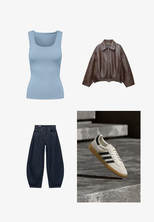Veste courte en similicuir marron avec un large col, une fermeture éclair frontale, des poches latérales et une taille ceinturée. Texture lisse, coupe décontractée.; Débardeur bleu clair avec un décolleté carré, fabriqué à partir d'un tissu lisse et extensible. Il présente des bretelles larges et une silhouette ajustée.; Jean en denim bleu foncé à jambes larges avec poches avant, passants de ceinture et fermeture par bouton à la taille.; Baskets Adidas Spezial blanches avec des rayures noires et une semelle en gomme flottant au-dessus de marches en pierre grises à l'extérieur.
