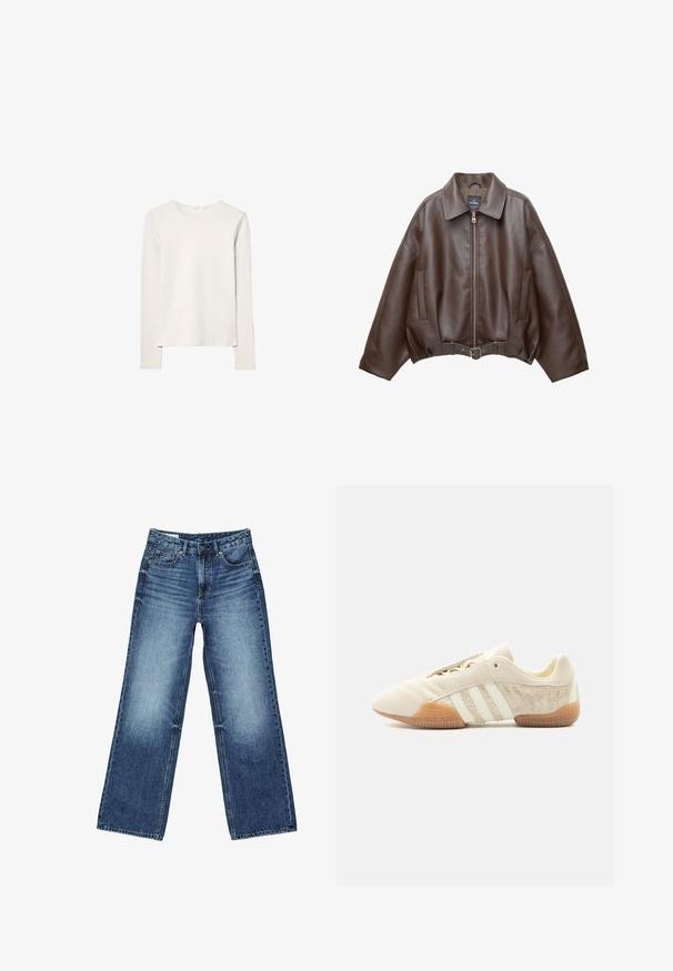 Veste courte en similicuir marron avec un large col, une fermeture éclair frontale, des poches latérales et une taille ceinturée. Texture lisse, coupe décontractée.; T-shirt à manches longues en coton beige clair. Col rond avec ourlet droit, coutures minimales et texture lisse. Design simple sans motifs ni embellissements.; Jean en denim bleu avec un effet délavé sur les cuisses, coupe droite à jambes larges, fermeture avant avec bouton, fermeture éclair, et style cinq poches.; Baskets beige profil bas avec trois bandes blanches, panneaux latéraux en suède texturé, semelle en gomme et fermeture à lacets sur fond uni.