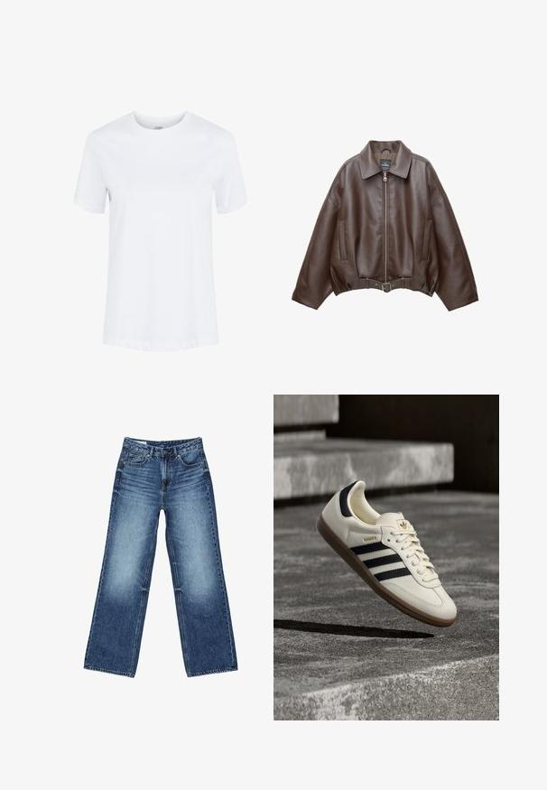 Brun kort jakke i imiteret læder med bred krave, lynlås foran, sidelommer og bælte i taljen. Glat tekstur, afslappet pasform.; Hvid kortærmet bomuld T-shirt med rund hals og foldede ærmekanter, vist på en ensartet hvid baggrund.; Blå vidtsiddende jeans i denim med forlommer og møntlomme foran, knaplukning og falmet vask på lår og knæ.; Hvid Adidas Samba sneaker med sorte striber og gummsål, svævende over teksturerede grå betonstrin.