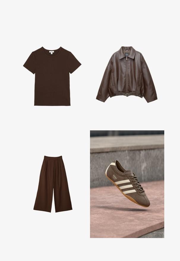 Brun kort jakke i imiteret læder med bred krave, lynlås foran, sidelommer og bælte i taljen. Glat tekstur, afslappet pasform.; Ensfarvet mørkebrun T-shirt med korte ærmer og rund hals, lagt fladt, med et lille hvidt mærke inde i halsudskæringen.; Bredbenede brune bukser med folder, sidelommer og høj talje med bæltestropper, præsenteret mod en hvid baggrund.; Brun ruskindssneaker med hvide striber og branding, med rund tå og ydersål af gummibelagt gummi, hængende over en struktureret overflade.