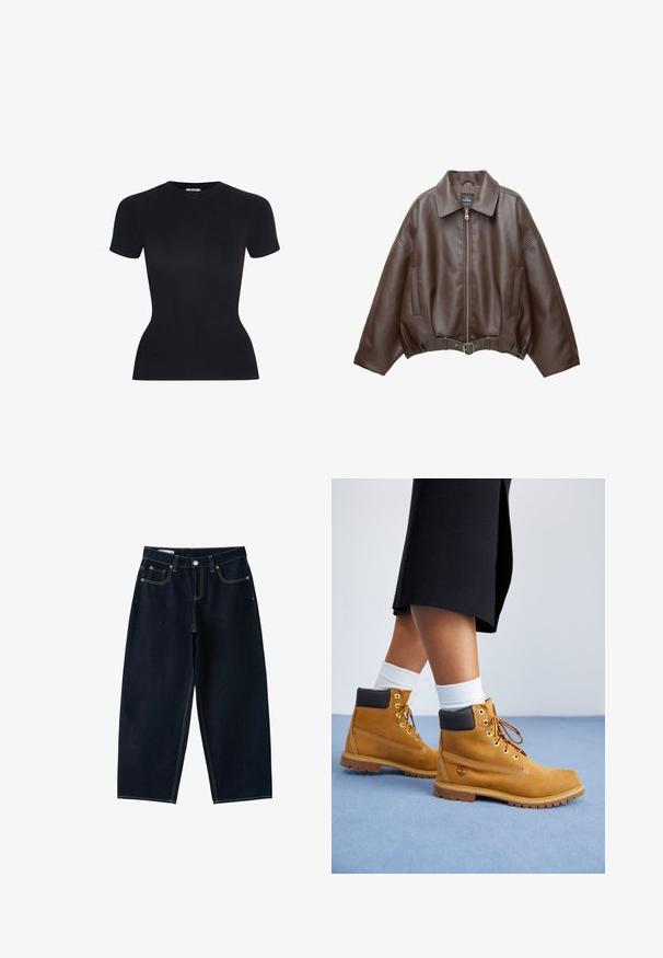 Braune, kurz geschnittene Jacke aus Kunstleder mit weitem Kragen, vorderem Reißverschluss, Seitentaschen und einem Taillengürtel. Glatte Textur, entspannte Passform.; Schwarzes Baumwoll-T-Shirt mit kurzen Ärmeln, tailliertem Schnitt, Rundhalsausschnitt und glatter Textur. Minimalistischer Stil, keine sichtbaren Muster oder Akzente.; Dunkelblaue Jeans mit weitem Bein, fünf Taschen, Knopfverschluss und Kontrastnähten auf weißem Hintergrund.; Sandfarbene Wildlederschuhe mit braunen Lederakzenten, goldenen Ösen und einer strukturierten Sohle. Weiße Socken, die über den Stiefeln sichtbar sind.