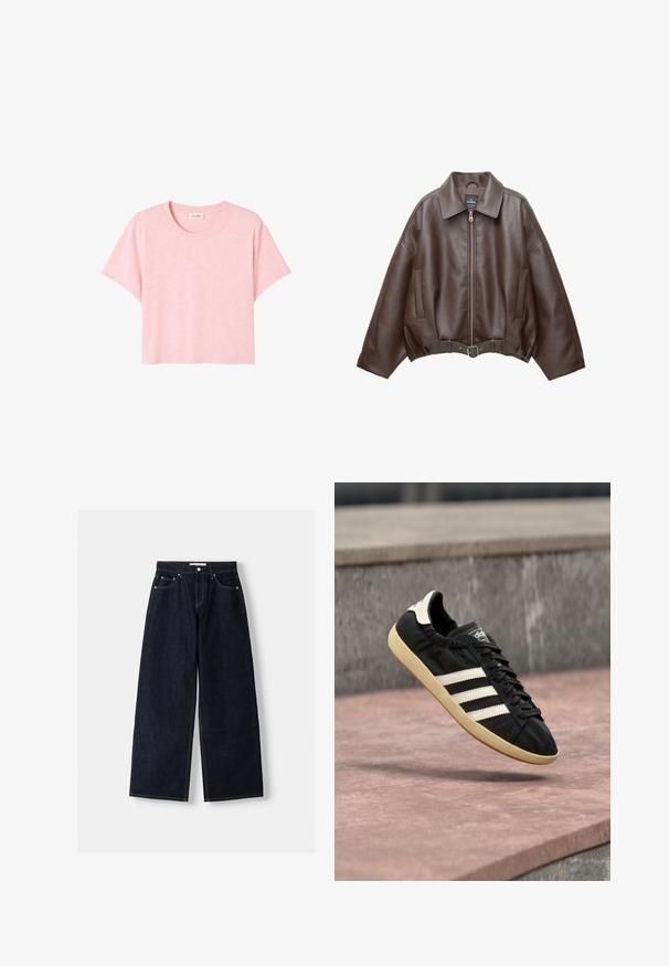 Bruine jack van imitatieleer, kort model, met een brede kraag, ritssluiting aan de voorkant, zijzakken en een tailleband met ceintuur. Gladde textuur, ontspannen pasvorm.; Roze T-shirt met korte mouwen van zacht materiaal, met een ronde halslijn en een losse fit met een subtiele gemêleerde textuur.; Donkerblauwe denim wijduitlopende jeans met een hoge taille, vijf zakken, contrasterende stiksels en zilveren metalen hardware. Gladde textuur en een nette afwerking.; Zwarte Adidas sneaker met witte strepen en beige zool, vastgelegd in de lucht boven een stenen oppervlak en een stenen muur op de achtergrond.