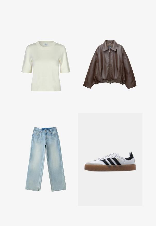 Brun kort jakke i imiteret læder med bred krave, lynlås foran, sidelommer og bælte i taljen. Glat tekstur, afslappet pasform.; Strikket kortærmet sweater i off-white med rund halsudskæring og en glat, blød tekstur. Enkel og klassisk design.; Lyseblå vidde cowboybukser med forlommer, linning med knaplukning og subtile falmede detaljer på lårene.; Hvide lædersneakers med sorte striber, gummirubber sål, rund tå, snørelukning og blød grå ruskinds tåhætte.
