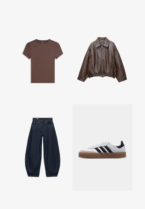 Veste courte en similicuir marron avec un large col, une fermeture éclair frontale, des poches latérales et une taille ceinturée. Texture lisse, coupe décontractée.; T-shirt en coton marron avec un col rond, des manches courtes et un design uni. Ourlet à couture plate et sans embellissements ni motifs visibles.; Jean en denim bleu foncé à jambes larges avec poches avant, passants de ceinture et fermeture par bouton à la taille.; Baskets en cuir blanc avec des rayures noires, semelle extérieure en caoutchouc beige, bout rond, fermeture lacée et embout en suède gris doux.
