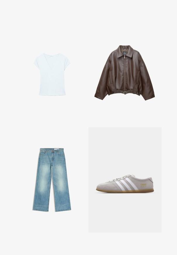 Veste courte en similicuir marron avec un large col, une fermeture éclair frontale, des poches latérales et une taille ceinturée. Texture lisse, coupe décontractée.; T-shirt blanc à manches courtes et col en V, silhouette ajustée, sur fond blanc uni.; Jean large bleu clair, en denim. Comprend cinq poches, une fermeture par bouton, et une texture délavée sur les jambes. Coupe droite aux chevilles.; Baskets en daim gris avec des rayures en cuir blanc et un logo doré. Semelle en gomme plate, bout rond et design classique à lacets.