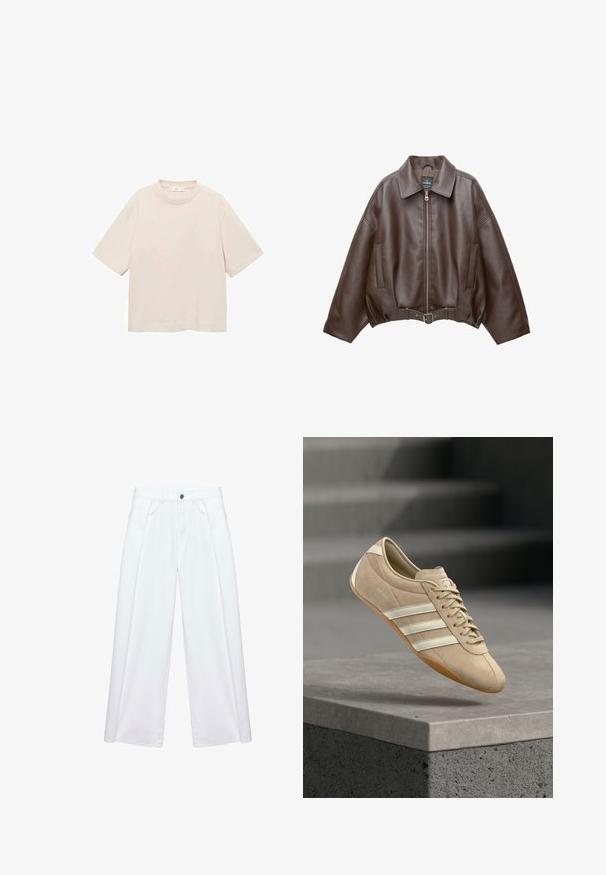 Bruine jack van imitatieleer, kort model, met een brede kraag, ritssluiting aan de voorkant, zijzakken en een tailleband met ceintuur. Gladde textuur, ontspannen pasvorm.; Korte mouwen, rondhals T-shirt in lichtbeige katoen. Eenvoudig ontwerp met een losse pasvorm en zonder zichtbare patronen of accenten.; Witte wijde broek met plooien aan de voorkant, riemlussen, zijzakken en sluiting met knoop en ritssluiting.; Lichtbeige sneaker met drie witte horizontale strepen, bovenwerk van suède en een rubberen gumzool, met een logo aan de zijkant.