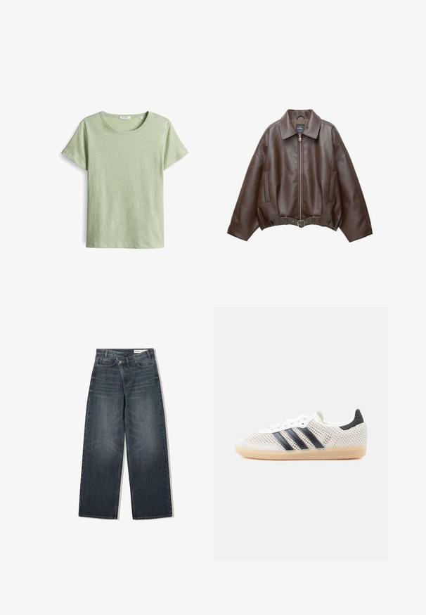 Bruine jack van imitatieleer, kort model, met een brede kraag, ritssluiting aan de voorkant, zijzakken en een tailleband met ceintuur. Gladde textuur, ontspannen pasvorm.; Groen T-shirt met korte mouwen van een gestructureerde stof, met een ronde halslijn en rechte snit. Eenvoudig ontwerp zonder extra patronen.; Donker gewassen spijkerbroek met een wijde pijpdesign, voorzien van een hoge taille, vijf zakken en subtiele wassing aan de voorkant.; Witte sneakers van mesh met een zwart ontwerp van drie strepen, een ronde neus en een rubberen gumzool. Voorzien van een zachte hielkraag en een vetersluiting.