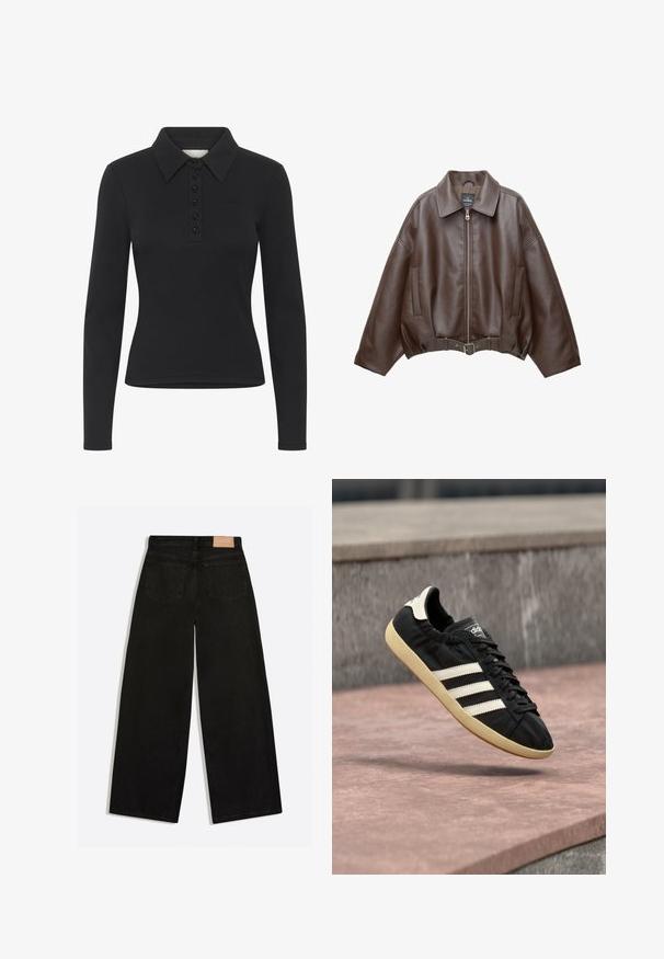 Brun kort jakke i imiteret læder med bred krave, lynlås foran, sidelommer og bælte i taljen. Glat tekstur, afslappet pasform.; Sort langærmet polo-shirt med ribbet struktur, knaplukning og et subtilt logo. Har en klassisk krave-design.; Sorte vidde jeans set bagfra med to baglommer og en brun lædermærke på linningen.; Sort Adidas sneaker med hvide striber og beige sål, fanget i luften over en stenet overflade og baggrund af en stenmur.