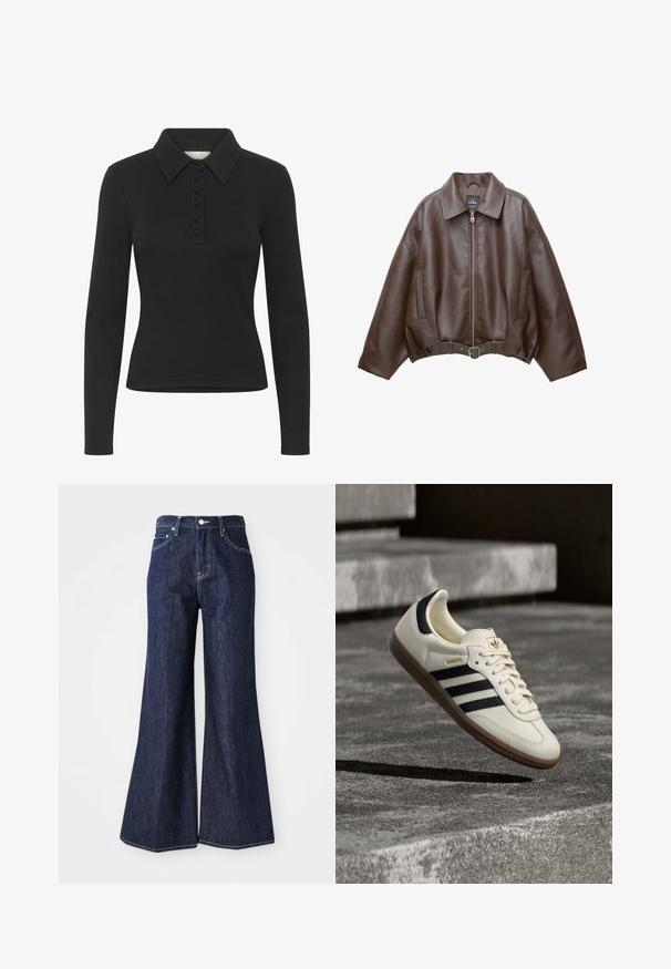 Bruine jack van imitatieleer, kort model, met een brede kraag, ritssluiting aan de voorkant, zijzakken en een tailleband met ceintuur. Gladde textuur, ontspannen pasvorm.; Zwarte polo met lange mouwen, ribbelstructuur, knoopsluiting en een subtiele logo. Heeft een klassiek kraagontwerp.; Donker denim flared jeans met een hoge taille, voorzien van een knoop- en ritssluiting. Witte stiksels en brede pijpen creëren een gestructureerd silhouet.; Witte Adidas Samba sneaker met zwarte strepen en gumzool, zwevend boven gestructureerde grijze betonnen treden.