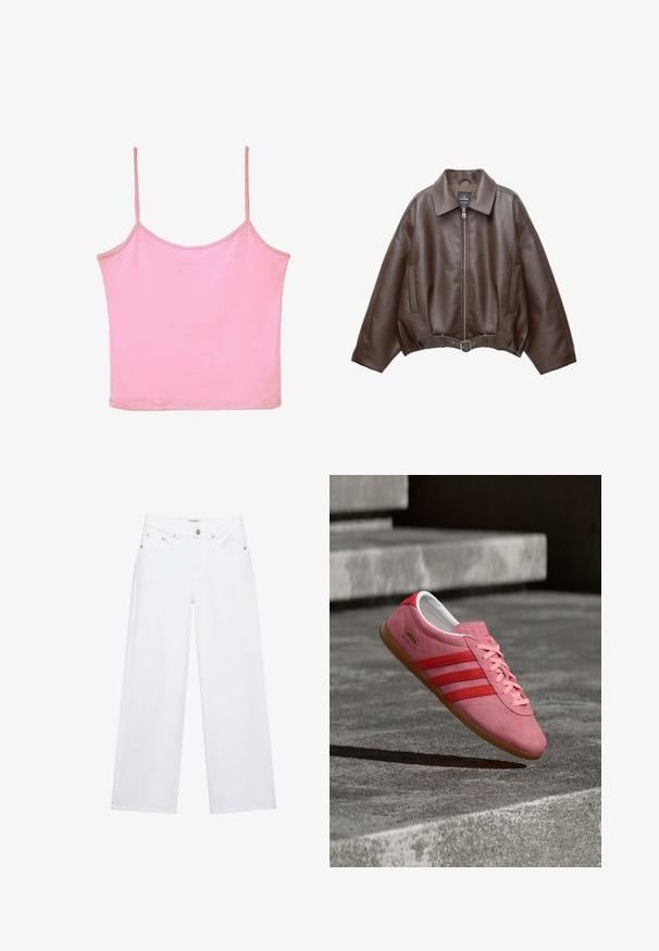 Veste courte en similicuir marron avec un large col, une fermeture éclair frontale, des poches latérales et une taille ceinturée. Texture lisse, coupe décontractée.; Crop top rose sans manches avec fines bretelles en spaghetti et encolure dégagée sur fond blanc.; Jean blanc taille haute à jambes larges avec fermeture à boutons et zip, poches avant et arrière, et détails en rivets argentés.; Baskets en daim rose avec des rayures rouges, une semelle en caoutchouc et des lacets roses. Présentent le logo "Adidas Gazelle" sur le côté.