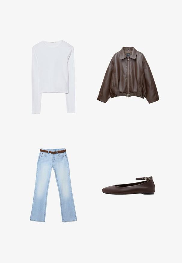 Veste courte en similicuir marron avec un large col, une fermeture éclair frontale, des poches latérales et une taille ceinturée. Texture lisse, coupe décontractée.; Haut court à manches longues blanc, en coton doux, avec un col rond et une coupe ajustée, comportant des coutures minimes et sans ornements.; Jean bleu clair à jambe droite avec effet délavé et ceinture en cuir marron passé dans les passants, posé à plat sur un fond blanc.; Chaussure plate marron foncé avec bout arrondi et bride de cheville réglable avec boucle argentée sur fond blanc.