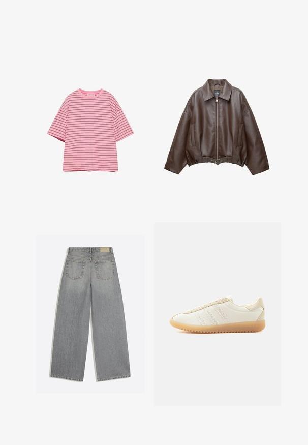 Bruine jack van imitatieleer, kort model, met een brede kraag, ritssluiting aan de voorkant, zijzakken en een tailleband met ceintuur. Gladde textuur, ontspannen pasvorm.; Roze T-shirt met korte mouwen, dunne horizontale zwarte strepen en een ronde halslijn op een witte achtergrond.; Grijze wijde denim jeans met achterkant met twee zakken en riemlussen plat op een witte achtergrond gelegd.; Lage beige sneaker met een bovenwerk van getextureerde stof, drie witte veterstrepen, beige suède accenten, een gumrubberen zool en vetersluiting.
