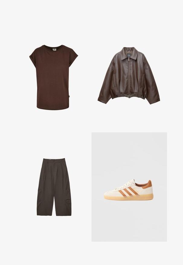Bruine jack van imitatieleer, kort model, met een brede kraag, ritssluiting aan de voorkant, zijzakken en een tailleband met ceintuur. Gladde textuur, ontspannen pasvorm.; Bruine katoenen t-shirt met korte opgerolde mouwen, ronde halslijn en een losse pasvorm. Heeft een klein label op de zijnaad.; Donkerbruine, hoge taille cropped broek met brede pijpen, voorplooien, zijzakken, riemlussen en een knoopsluiting in de tailleband.; Witte suède sneaker met lichtbruine mesh accenten en drie bruine strepen. Heeft een gestructureerde rubberen zool en "SPEZIAL" branding aan de zijkant.