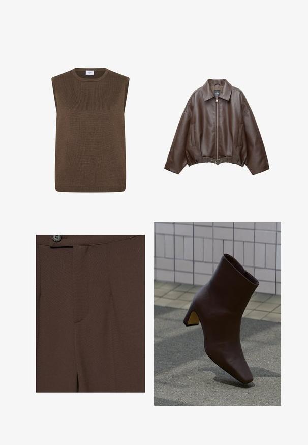 Brun kort jakke i imiteret læder med bred krave, lynlås foran, sidelommer og bælte i taljen. Glat tekstur, afslappet pasform.; Brun, ærmeløs strikket sweatervest med rund halsudskæring og ribbede kanter, mærket "Saint Tropez" indeni kraven.; Nærbillede af mørkebrune skræddersyede bukser med en knap og linning synlig øverst.; Mørkebrun læderankelstøvle med blokhæl stående på tekstureret belægning, lysfarvet flisevæg i baggrunden.