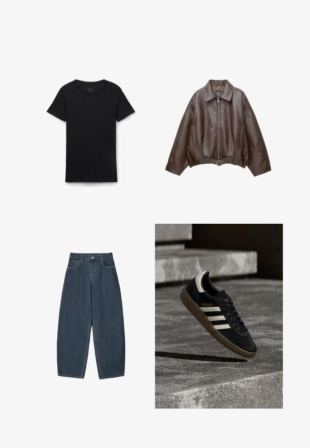 Brun kort jakke i imiteret læder med bred krave, lynlås foran, sidelommer og bælte i taljen. Glat tekstur, afslappet pasform.; Sort t-shirt med korte ærmer og rund hals lagt fladt på hvid baggrund, der viser forfra og glat stoftekstur.; Mørkeblå denim buede bukser med høj talje, som har fem lommer og synlige stingdetaljer. Ren, minimalistik design.; Sort Adidas-sneaker med hvide striber og gummisåler, svævende over grå betontrapper i naturligt lys.