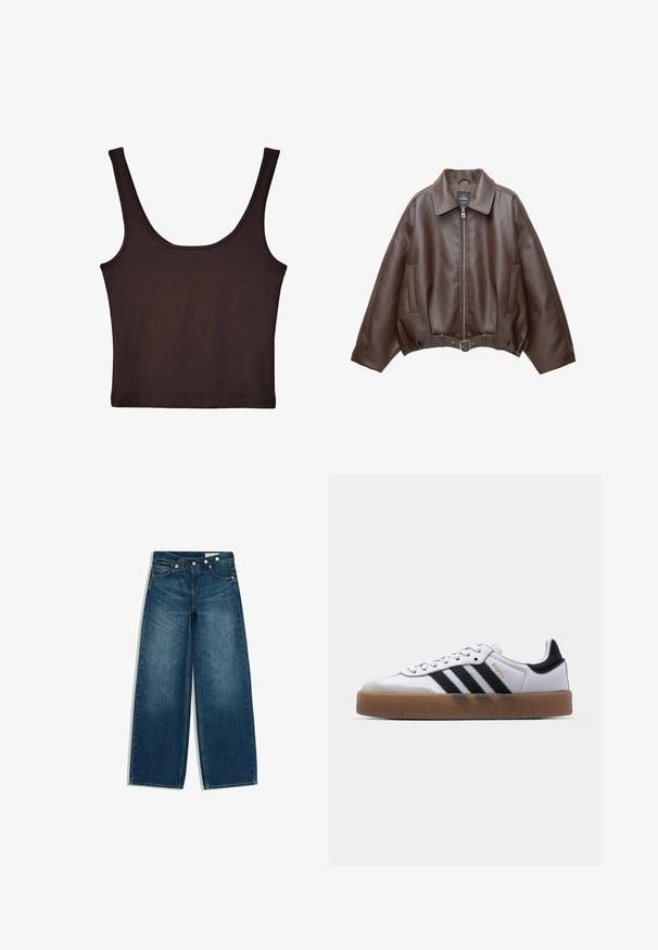 Veste courte en similicuir marron avec un large col, une fermeture éclair frontale, des poches latérales et une taille ceinturée. Texture lisse, coupe décontractée.; Débardeur côtelé marron foncé avec de larges bretelles et une coupe ajustée. Le tissu est doux avec une texture lisse et une longueur cropped.; Jean bleu taille haute à jambes larges avec poches devant et derrière et un détail de ceinture boutonnée en diagonale.; Baskets en cuir blanc avec des rayures noires, semelle extérieure en caoutchouc beige, bout rond, fermeture lacée et embout en suède gris doux.