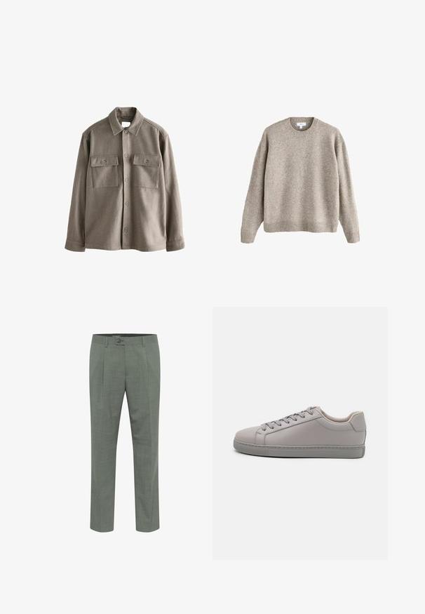 Button-up Hemd aus weichem, gedämpftem braunem Wollstoff mit langen Ärmeln, zwei Brusttaschen und einem klassischen Kragen. Glatte Textur mit leicht entspannter Passform.; Beige gestrickter Rundhalspullover mit gerippten Bündchen und Saum, auf einem weißen Hintergrund präsentiert.; Maßgeschneiderte grüne Hosen mit strukturierter Oberfläche, ausgestattet mit einem einzelnen Knopfverschluss und einem gefältelten Vorderdesign. Gerader Beinabschluss.; Graue Ledersneaker mit glatter Oberfläche, flachen Schnürsenkeln, abgerundetem Zehenbereich und einer kontrastierenden grauen Gummisohle. Minimalistisches Design und Textur.
