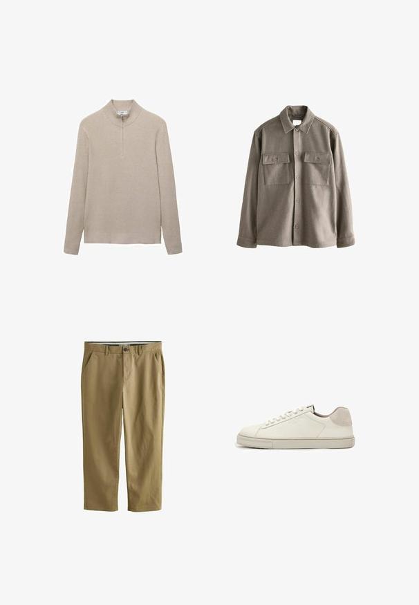 Button-up Hemd aus weichem, gedämpftem braunem Wollstoff mit langen Ärmeln, zwei Brusttaschen und einem klassischen Kragen. Glatte Textur mit leicht entspannter Passform.; Beige gerippter Pullover mit hohem Kragen und halbem Reißverschluss. Lange Ärmel und ein figurbetonter Saum ergänzen das strukturierte Aussehen.; Khakifarbene Chinos aus Baumwollmischung, mit zwei Seitentaschen, einem Knopfverschluss, geradem Bein und glatter Textur.; Weißer Sneaker aus Leder in niedriger Ausführung mit weißen Schnürsenkeln, leicht strukturierter Sohle und hellgrauem Wildleder-Fersenpatch, Seitenansicht.
