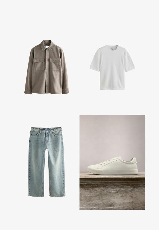 Button-up Hemd aus weichem, gedämpftem braunem Wollstoff mit langen Ärmeln, zwei Brusttaschen und einem klassischen Kragen. Glatte Textur mit leicht entspannter Passform.; Einfaches weißes T-Shirt mit kurzen Ärmeln und rundem Halsausschnitt, vor weißem Hintergrund dargestellt.; Hellblaue, bequeme Baggy-Jeans aus Denim mit geradem Bein, fünf Taschen und sichtbarem Knopfverschluss.; Weiße Schnürsneaker, die über einer Holzbank mit grünem Laub im Hintergrund schweben und das Schuhdesign sowie die Textur zeigen.