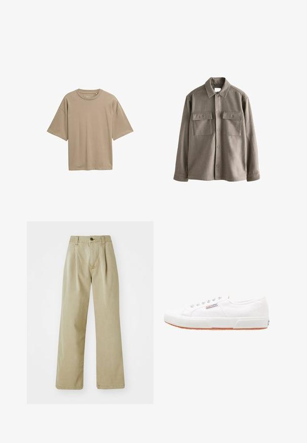 Camisa de botones en suave lana marrón apagado, con mangas largas, dos bolsillos en el pecho y un cuello clásico. Textura suave con un ajuste ligeramente relajado.; Camiseta beige de manga corta con un corte relajado, escote redondo y textura suave. Sin patrones visibles ni detalles de hardware.; Pantalones de pierna ancha color beige, hechos de tela de algodón, con cintura alta, pliegues frontales y cierre de un botón.; Zapatillas de lona blancas con suela de goma, diseño de cordones y una pequeña etiqueta con el logo en el lateral. Parte superior texturizada blanca y suela marrón.