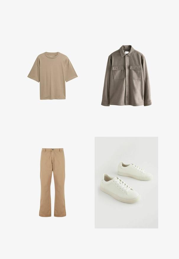 Skjorte med knaplukning i blød, dæmpet brun uld med lange ærmer, to brystlommer og klassisk krave. Glat tekstur med en let afslappet pasform.; Beige kortærmet t-shirt med en løs pasform, rund halsudskæring og glat tekstur. Ingen synlige mønstre eller hardware detaljer.; Beige bomuldsbukser med lige pasform, der har knaplukning, forlommer og en glat tekstur.; Hvide sneakers lavet af struktureret syntetisk materiale, med rund tå, snørelukning og en let forhøjet gummisål.
