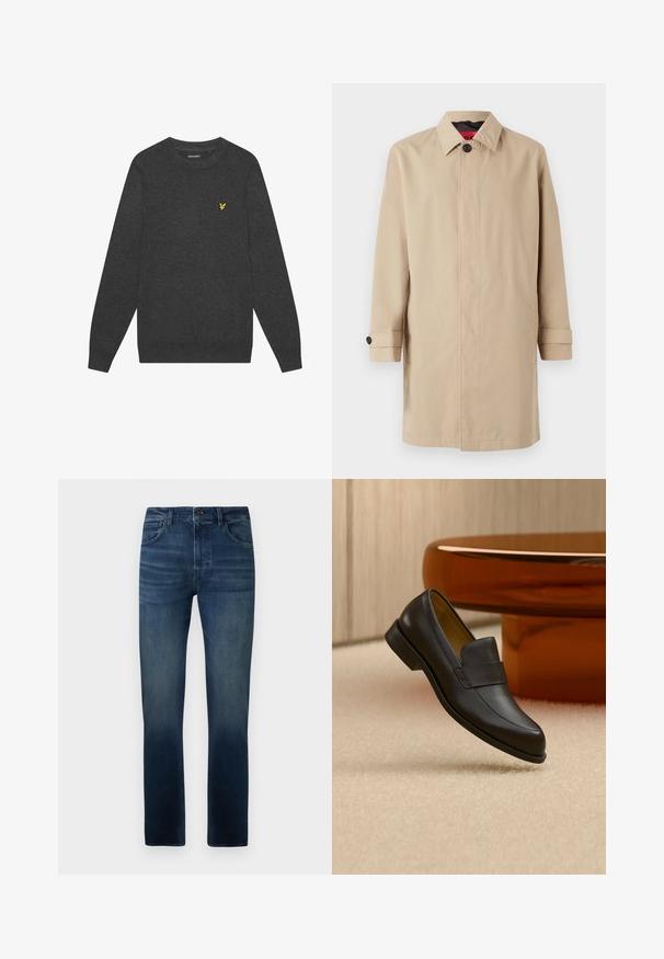 Trench coat beige con corte recto, que presenta un cierre de botones, cuello y bolsillos laterales. Hecho de una tela suave y ligera.; Suéter de cuello redondo en gris oscuro, hecho de una tela suave. Presenta un pequeño logotipo amarillo bordado en el pecho. Mangas largas con puños acanalados.; Vaqueros de mezclilla azul con corte recto, que presentan una cintura de media altura, un ligero desgaste y un diseño tradicional de 5 bolsillos.; Zapato mocasín de cuero negro con tacón bajo flotando sobre suelo alfombrado beige cerca de una mesa redonda marrón.