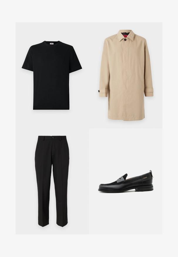 Trench coat beige con corte recto, que presenta un cierre de botones, cuello y bolsillos laterales. Hecho de una tela suave y ligera.; Camiseta básica negra de manga corta con cuello redondo, exhibida plana sobre un fondo blanco, con una pequeña etiqueta de la marca en el interior del collar.; Pantalones negros de tela suave, con un diseño de pierna recta, bolsillos delanteros, un cierre de botón y sin patrones visibles.; Mocasín de cuero negro con detalle de tira gris, tacón bajo y suela texturizada, con la marca "HUGO" en oro en el lateral.