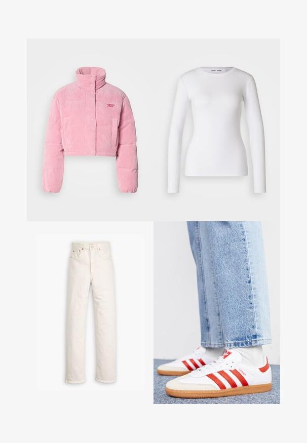 Roze cropped pufferjack gemaakt van ribfluweel, met een hoge kraag, knoopsluiting en twee voorzakken met een klein logo detail.; Witte longsleeve shirt van ribstof, met een ronde halslijn en een getailleerde vorm. Er zijn geen patronen of accenten aanwezig.; Witte denim jeans met een recht gesneden ontwerp, vijf zakken en koperen hardware accenten. Afgeronde zoom aan de enkels.; Witte leren sneakers met rode strepen en accenten. Voorzien van een getextureerde gumrubberen outsole en een gevoerde kraag. Draag ze met lichtblauwe denim.