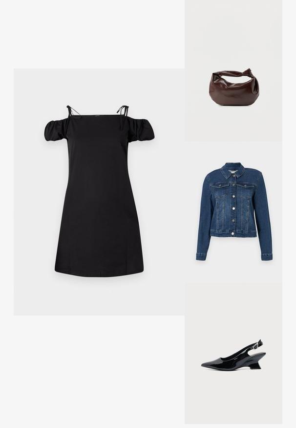 Denimjacke, dunkelblau, taillierte Passform, lange Ärmel, Knopfverschluss, zwei Brusttaschen und ein klassischer Kragen. Gleichmäßig strukturierter Stoff.; Schwarzes schulterfreies Kleid mit Puffärmeln, aus einem glatten Stoff gefertigt. Verfügt über verstellbare Träger und einen entspannten Schnitt mit geradem Saum.; Schwarzer Slingback-Schuh aus Lackleder mit spitzer Spitze und niedrigem, schrägem Blockabsatz auf einfachem hellem Hintergrund.; Dunkelbraune Lederschultertasche mit weicher, lockerer Form und einem gedrehten Knotengriff vor schlichtem weißem Hintergrund.