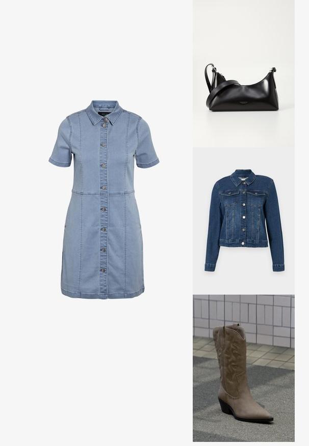 Denimjacke, dunkelblau, taillierte Passform, lange Ärmel, Knopfverschluss, zwei Brusttaschen und ein klassischer Kragen. Gleichmäßig strukturierter Stoff.; Helles blaues Jeanshemdkleid mit Kragen, kurzen Ärmeln, vorderen Knöpfen und seitlichen Taschen, das vertikale Nahtdetails aufweist.; Hoher Cowboy-Stiefel aus beigem Wildleder mit dekorativer Naht und Nietenakzenten, ausgestattet mit spitzer Spitze und schrägem schwarzem Absatz auf Asphalt.; Schwarze lederne Handtasche mit glatter Textur. Verfügt über einen verstellbaren Riemen und ein elegantes, minimalistisches Design mit einem Reißverschluss.