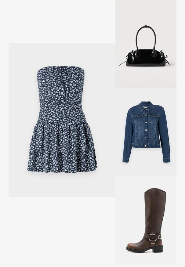 Denimjacke, dunkelblau, taillierte Passform, lange Ärmel, Knopfverschluss, zwei Brusttaschen und ein klassischer Kragen. Gleichmäßig strukturierter Stoff.; Ärmelloses Blumenkleid in Marineblau mit weißen Blumen. Verfügt über einen schmalen Oberteil und einen gestuften Volantrock. Hergestellt aus leichtem Stoff.; Braune Leder-Knöchelstiefel mit einer runden, metallischen Akzent und Schnalle. Leicht strukturierte Oberschicht, gestapelter Absatz und runde Zehenform.; Kleine schwarze glänzende Handtasche mit zwei langen Griffen und seitlichen Kordelzug-Details vor einfachem hellem Hintergrund.