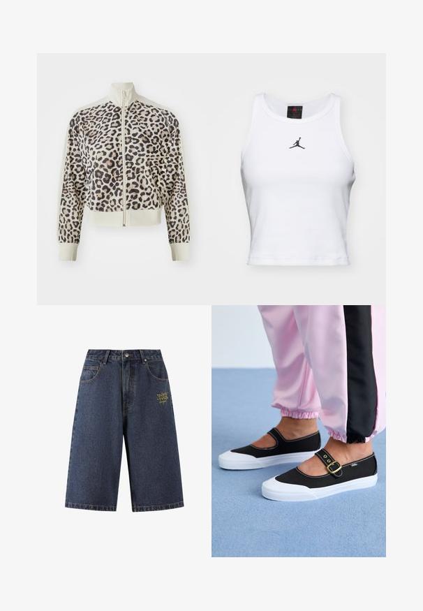 Chaqueta con cremallera de estampado de leopardo con un alto cuello, con una base crema, tejido suave y puños y dobladillo acanalados.; Top corto blanco de algodón con textura acanalada. Cuenta con un logo negro de Jordan en el centro y un clásico escote redondo.; Shorts de mezclilla en azul oscuro, con un corte holgado, cinco bolsillos, texto bordado en dorado en la parte frontal y costuras en contraste a lo largo de las costuras.; Zapatillas de lona negras con suela blanca, con un diseño recortado y una correa con hebilla dorada. Combinadas con pantalones de chándal rosas.