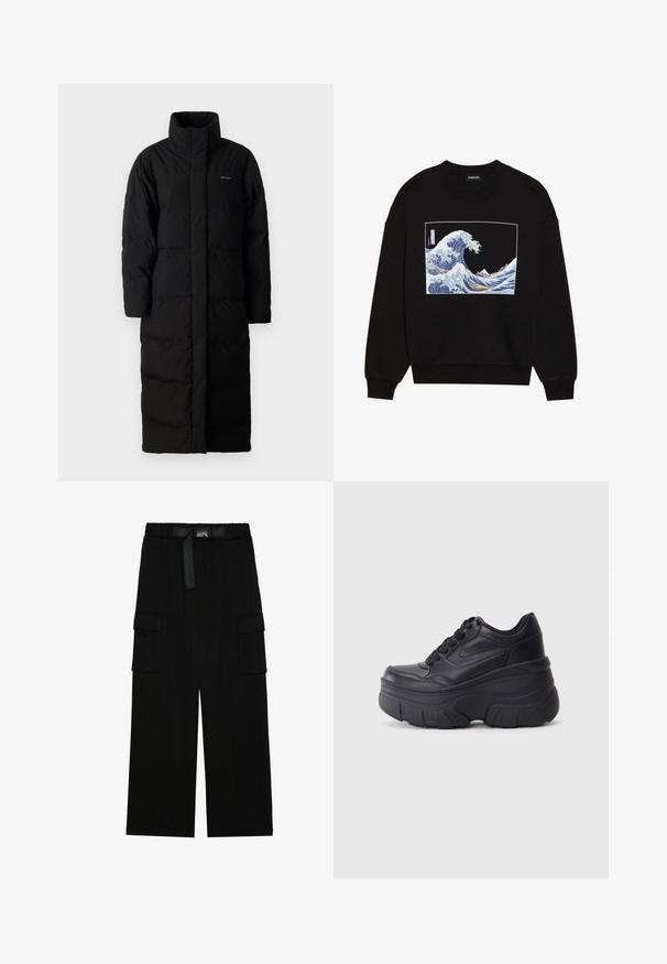 Sort, lang pufferjakke med høj krave, syede paneler og en lige silhuet. Har en frontlynlås og sidelommer.; Sort sweatshirt med lange ærmer, der har et centralt grafisk motiv af et blåt bølgemønster sat mod en sort baggrund.; Sorte cargo bukser med vidde ben, elastisk talje med bælte og to store sidelommer til opbevaring.; Sorte snørebåndssneakers med en kraftig sål, der har en glat læderoverdel, rund tå og et markant lagdelt plade-design.