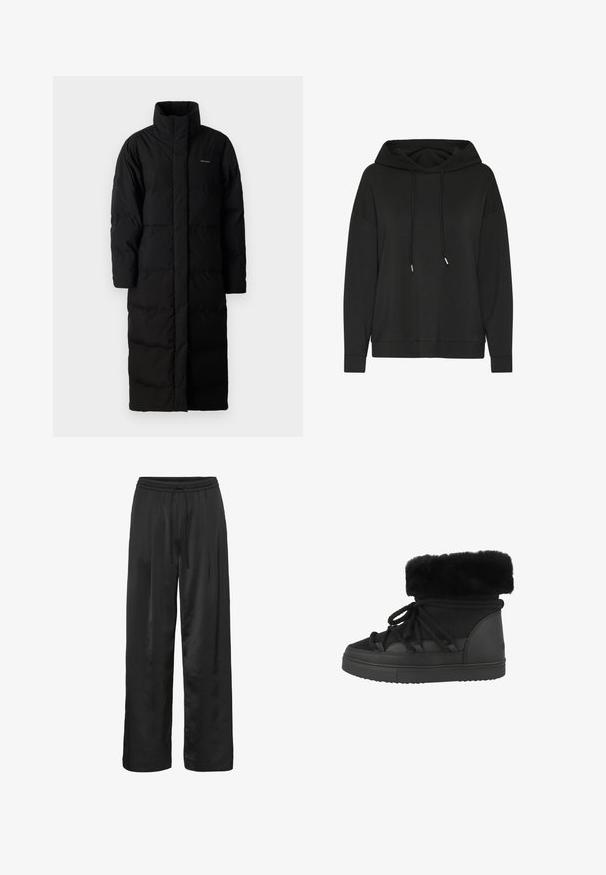 Sort, lang pufferjakke med høj krave, syede paneler og en lige silhuet. Har en frontlynlås og sidelommer.; Sort hætte sweatshirt med løs pasform, der har snoretræk ved halsen og ribbede manchetter. Fremstillet af blød, glat stof.; Sort brede bukser lavet af glat, skinnende stof. Har en elastisk talje med snoretræk for justerbar pasform.; Sorte ankelstøvler med kunstpels, der har struktureret materiale, rund tå og flad gummisål. Inkluderer snørebånd til lukning.