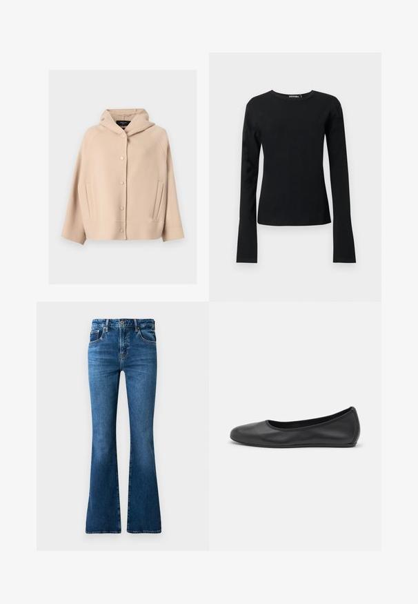 Beige hættejakke med trykknapper foran, lange ærmer og skrå sidelommer, lavet af blødt, tykt stof.; Sort tætsiddende langærmet t-shirt med rund hals og lige kant samt glat stof, vist mod en ensartet lys baggrund.; Blå denim flared jeans med medium højt liv, fem lommer, diskret falmning og syninger langs sømmene.; Sort læderballetsko med rund tå, glat tekstur, minimal syning og et fleksibelt såldesign.
